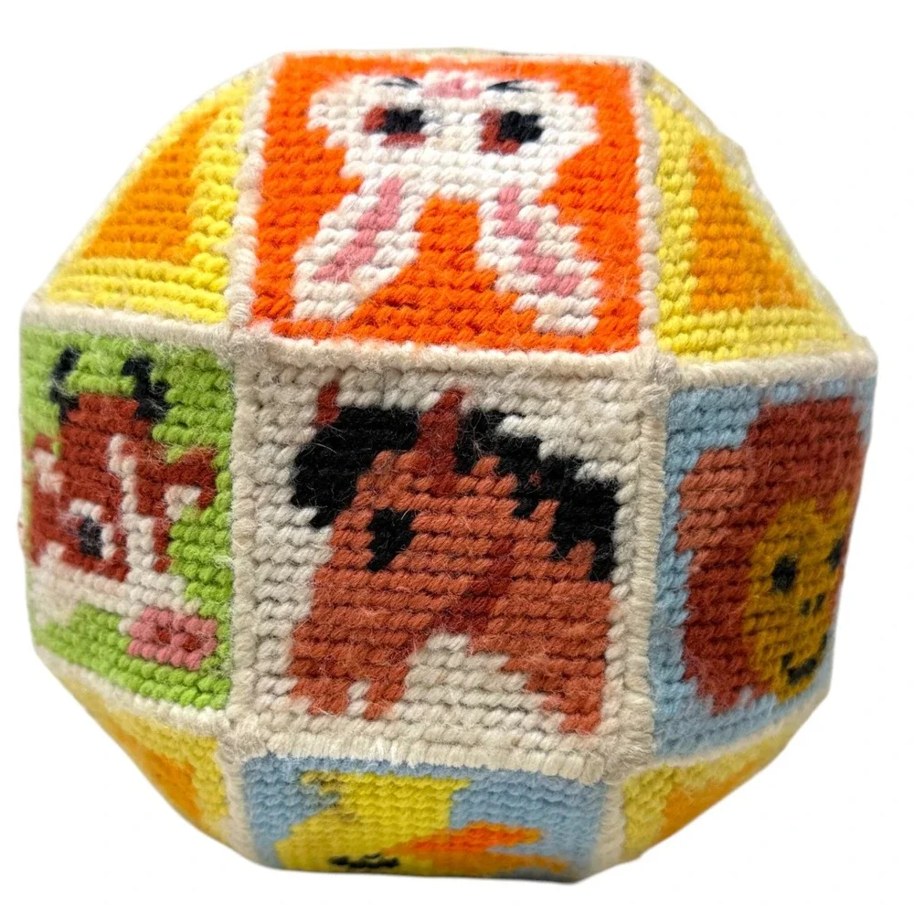 Vintage Needlepoint Soft Ball Toy Multicolor Animal Faces Nursery Decor 70's